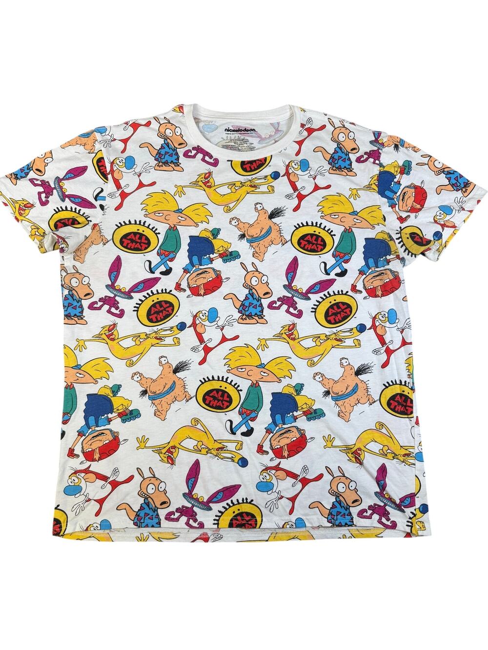 Nickelodeon Shirt Mens Large White 90s Cartoon All Over Print AOP Rugrats Rocko